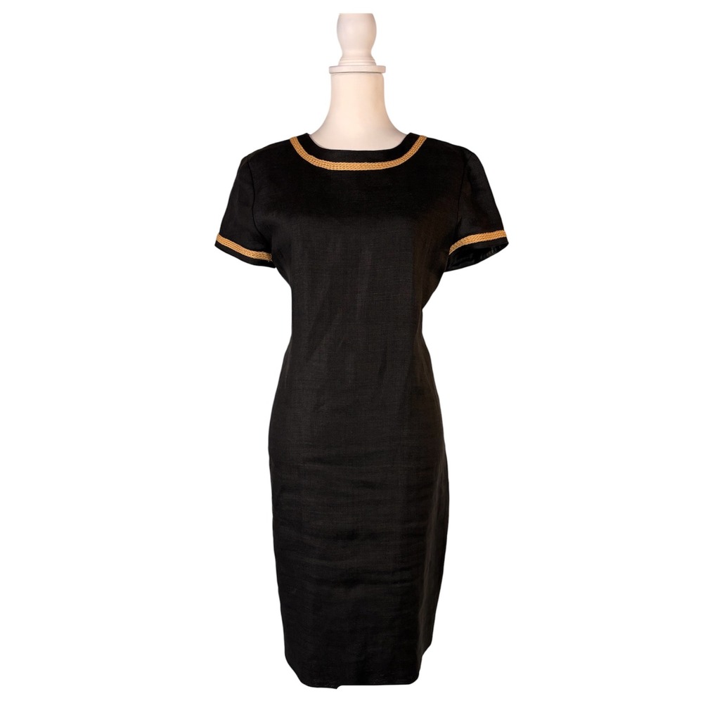 Vintage 100% Linen Black Midi Dress Women's 8 Short Sleeve Coastal Chic Preppy